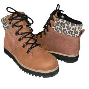 TOMS Brown Suede Lace-Up Boots with Leopard Print Collar – Size 8.5